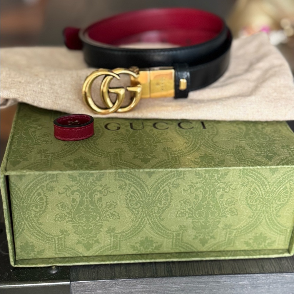 Gucci Black & Red Reversible Leather Belt with Gold Buckle